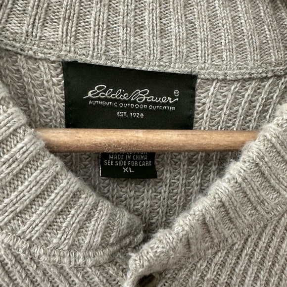 Eddie Bauer Men's Taupe Crewneck Henley Fisherman Sweater sz XL Tan Classic - Picture 2 of 6